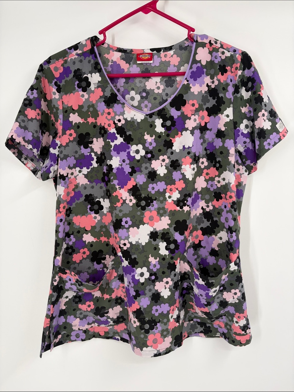 Dickies Purple Grey Floral Print Scrub Top Short Sleeve Size Medium